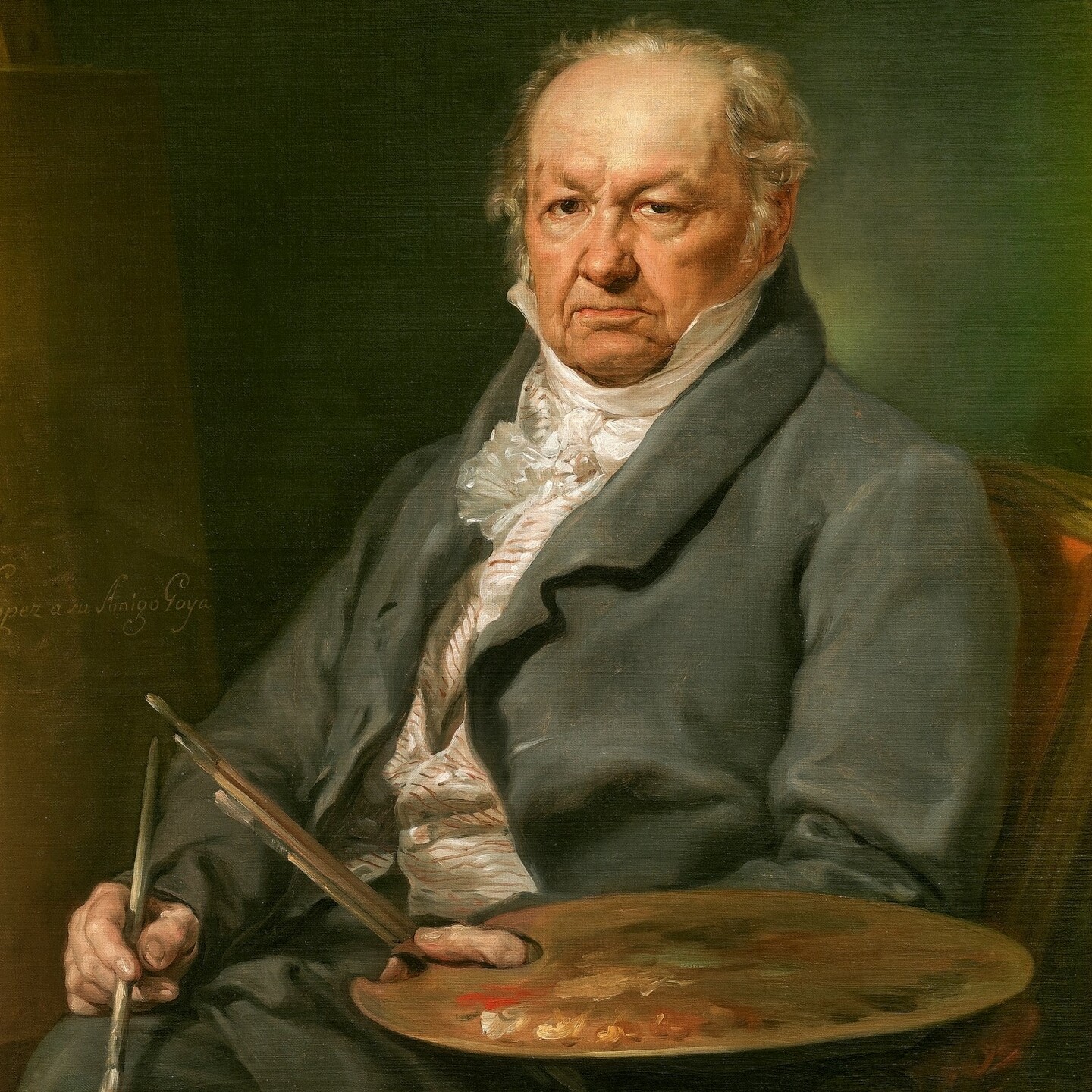 Goya seated, holding a paint palette in one hand, a brush in the other