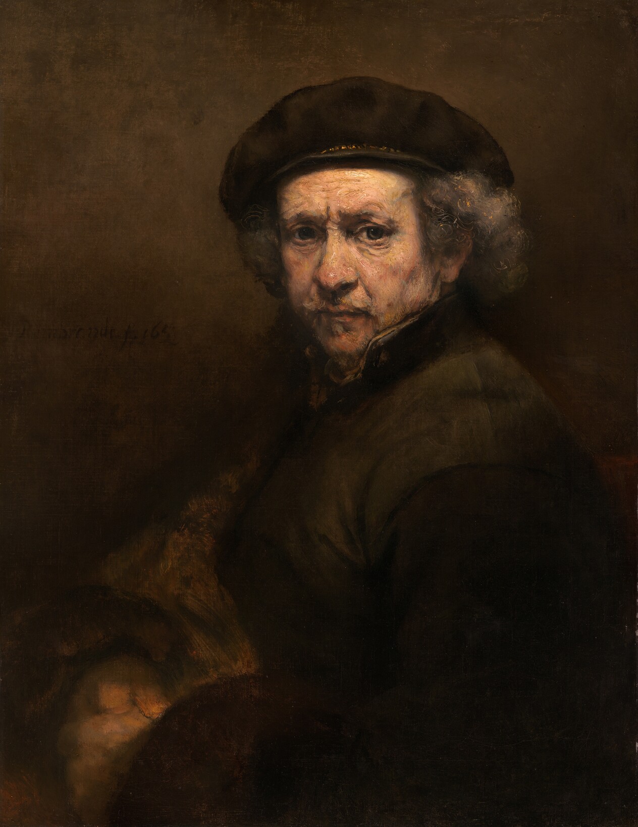 A depiction of the artist wearing a beret with his collar turned up