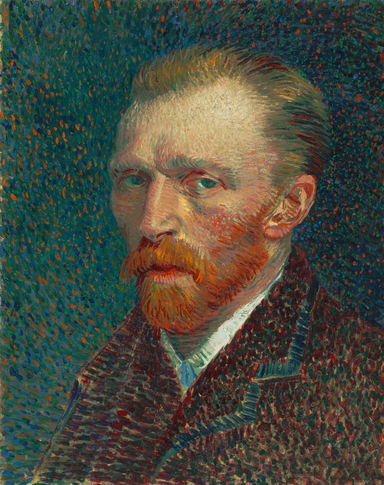 Van Gogh's self-portrait with vibrant brushstrokes and colorful background