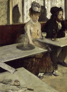 Dim café scene: woman stares blankly, man looks despondent with absinthe.