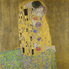 Couple locked in a golden kiss amidst swirling patterns