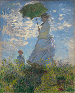 A woman with a parasol and a boy in tall grass under a sunny sky