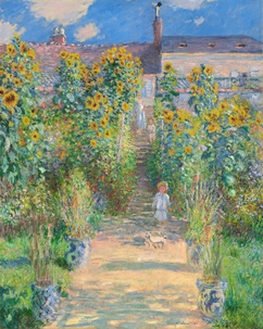 Child in garden with sunflowers, urns, and house