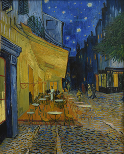 Outdoor cafe with people under a starry night