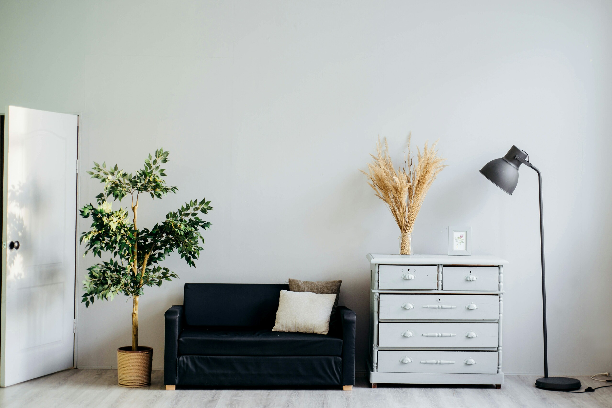 Dresser beside sofa